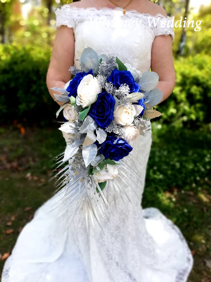 ロイヤルブルーの造花の花束 新しいコレクション 結婚式の贈り物 アイボリーの葉 Wedding Bouquets Aliexpress