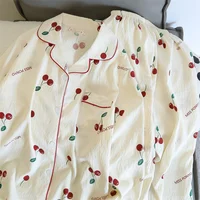 Cherries Print Two Pieces Pajamas Set Autumn Faux Cotton Pajamas Korean Fashion Home Clothes Ladies Pants and Top Set Pijamas - Image 3