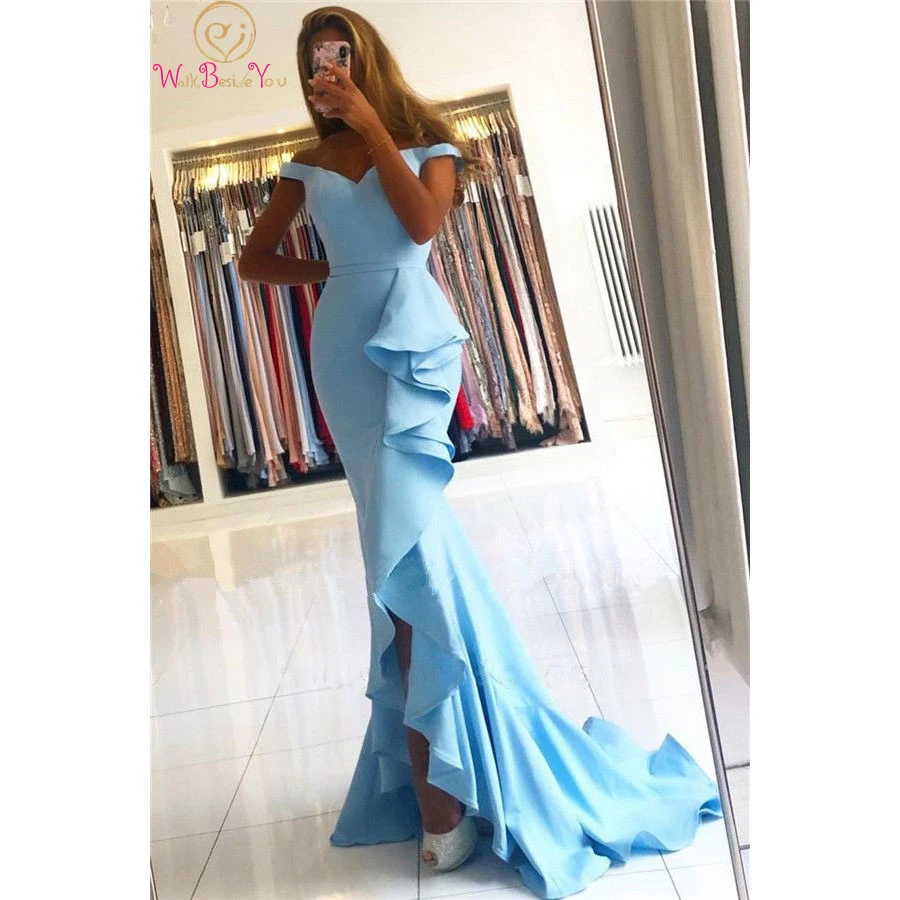 

Blue Eevenig Dress Long Mermaid Off Shoulder Sweetheart Ruffles 2022 Sweep Train Formal Prom Party Gowns Women Graduation Dress