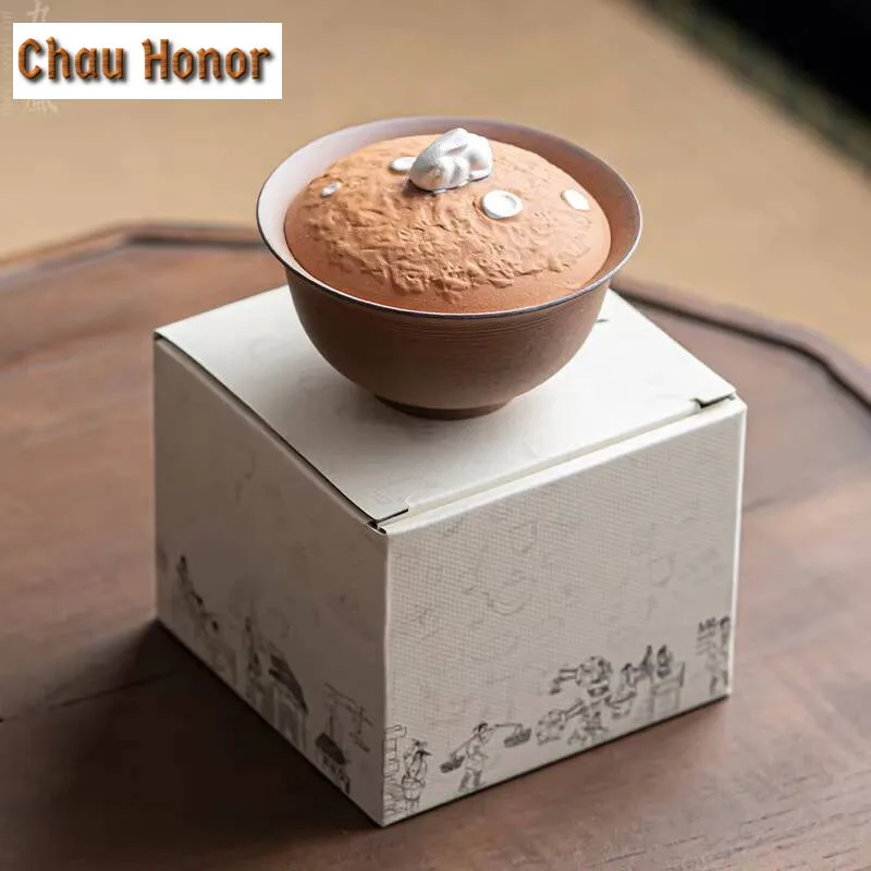 150ml Handmade Rough Pottery Gaiwan Aesthetic Old Rock Mud Rabbit Tea Tureen Chinese Tea Making Cover Bowl Tea Ceremony Craft