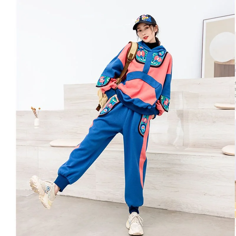 Ladies Chinese Style Embroidery Loose Hoodie Pants Autumn and Winter Sports Pants Set Casual Fashion Color Matching Suit ladies chinese style embroidery loose hoodie pants autumn and winter sports pants set casual fashion color matching suit