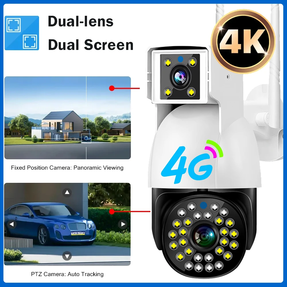 4G Sim Card Ip Camera Dual Lens 4K Camera 8Mp Motion Detection Monitor 360 Gradi Telecamera Di Sorveglianza Di Sicurezza Esterna Wifi Cctv