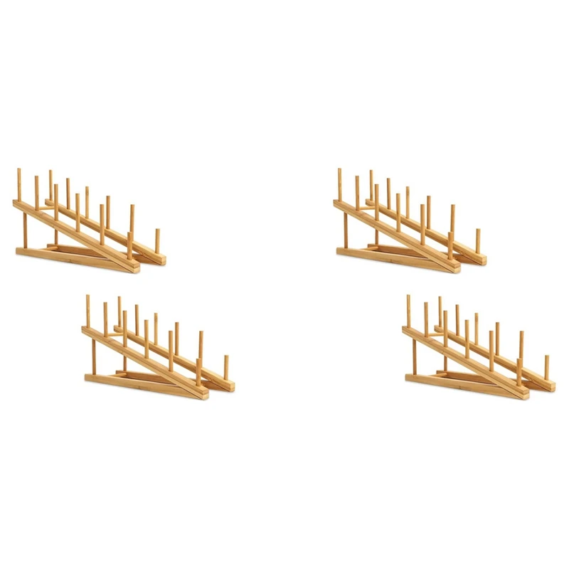 

4 PCS Wooden Dish Rack Bamboo Plate Rack Stand Pot Lid Holder, Dish Drying Rack Kitchen Cabinet Organizer For Dish Plate