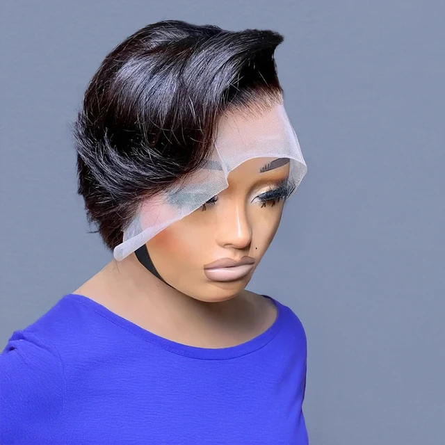 Perruque Naturelle Moins Cher Perruques coupe lutin cheveux humains perruques courtes Bob 13x4 perruque avant en dentelle pour les femmes noir coupe lutin perruque frontale transparente couches droites 1