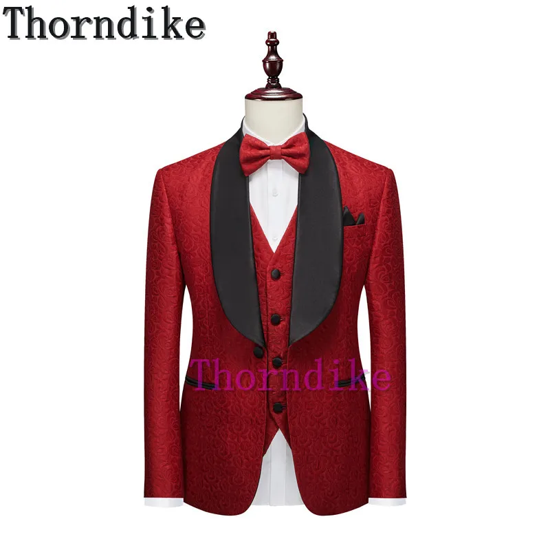 Thorndike 더블 브레스트 Groomsmen 부르고뉴 패턴 신랑 턱시도 어깨 걸이 옷깃 남자 정장 웨딩 (자켓 + 바지 + 조끼)