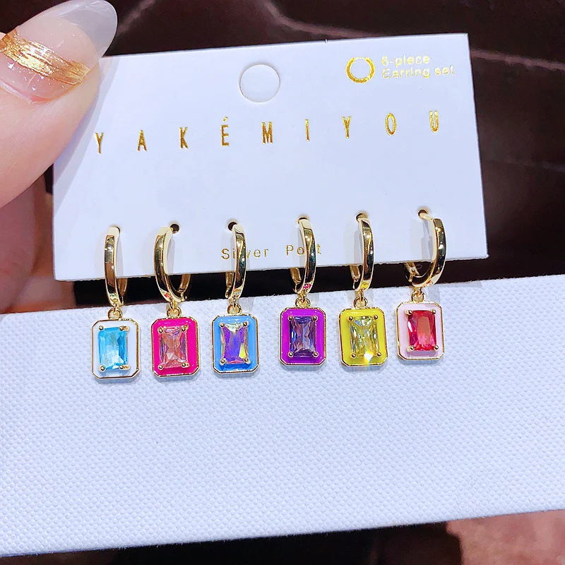 Yakemiyou6pcsMulticolorZirconCrystalRectangleHuggieHoopEarrings