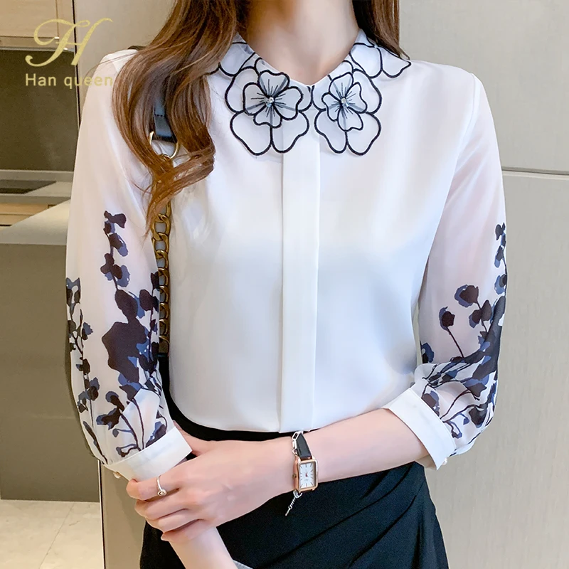 قميص مطبوع من Han Queen للنساء ، عمل عتيق ، توب غي...