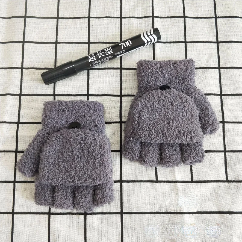 Winter Children Thickened Warm Knitted Half-finger Clamshell Gloves Cute Boys and Girls Student Simple Plush Gloves 3-10 Years