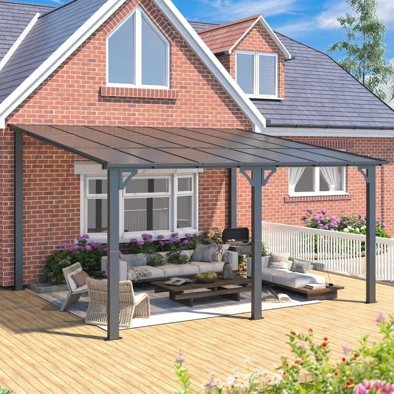 AECOJOY 14' x 12' Gazebo Outdoor Pergola for Patio,Wall-Mounted Hard Top 12x14 Lean to Metal Gazebo Shelter Pergolas and Gazebos