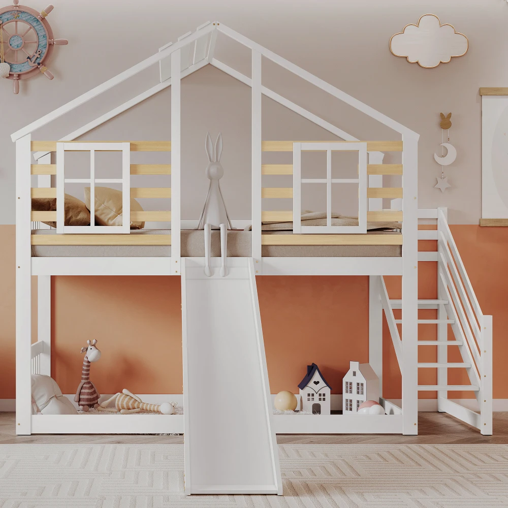 Holzbett mit Treppengitter mit Rutsche und Fenster, Holzhaus, Kinderbett mit Crash-Prävention, Bettgestell aus Massivholz – Detail 29