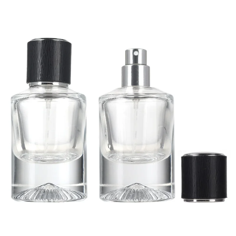 

6pcs Mist Spray Bottle Crimp Pump Black Wood Lid Empty Round Cosmetic Clear Glass Thick Bottom Perfume Refillable Vials 30ml