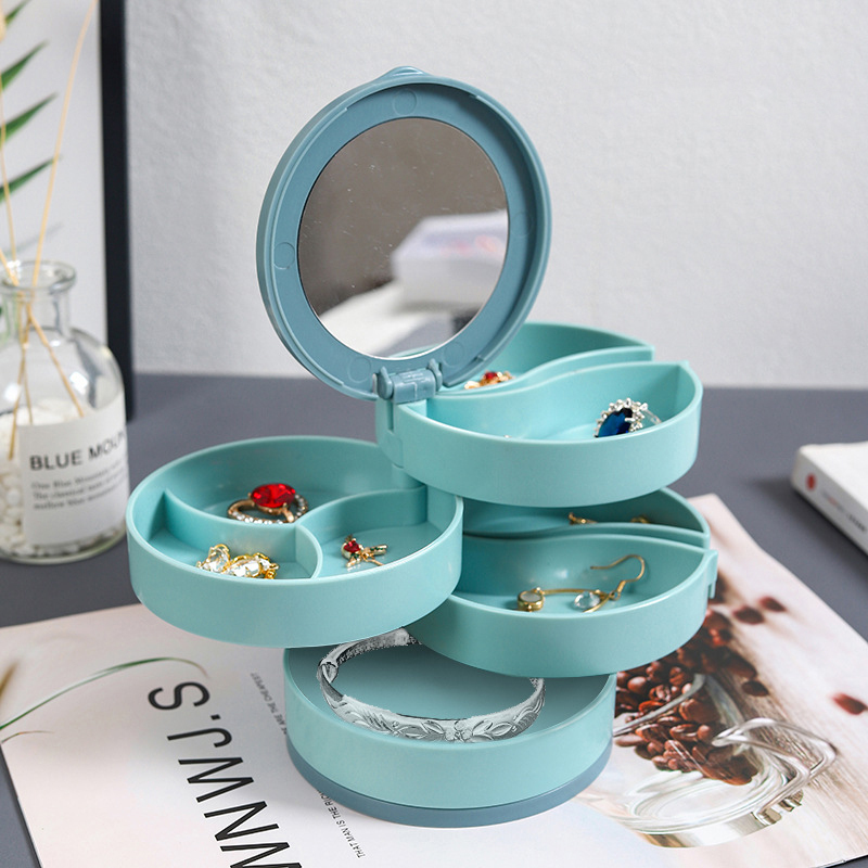 Rotating Four-layer Jewelry Box Necklace Earrings Ring Bracelet Storage Organizer Multilayer Compartment Storage Box with Mirror