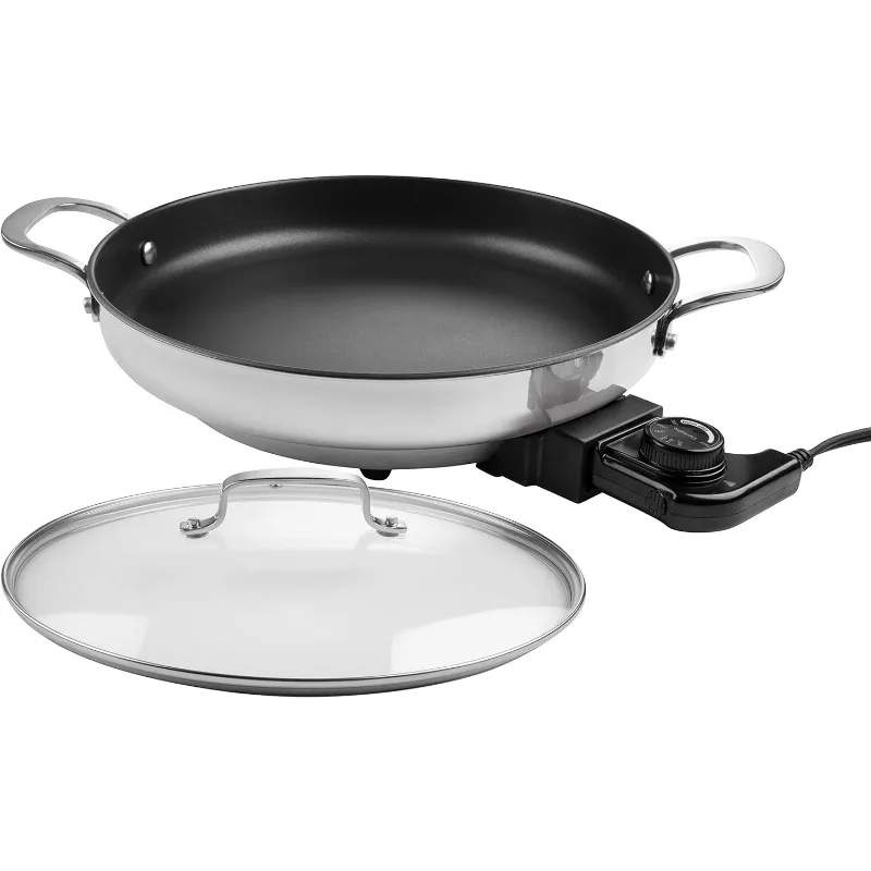 Electric Skillet By Cucina Pro -18/10 Stainless Steel,Frying Pan with Non Stick Interior,Glass Lid,12" Round,Temperature Control 4