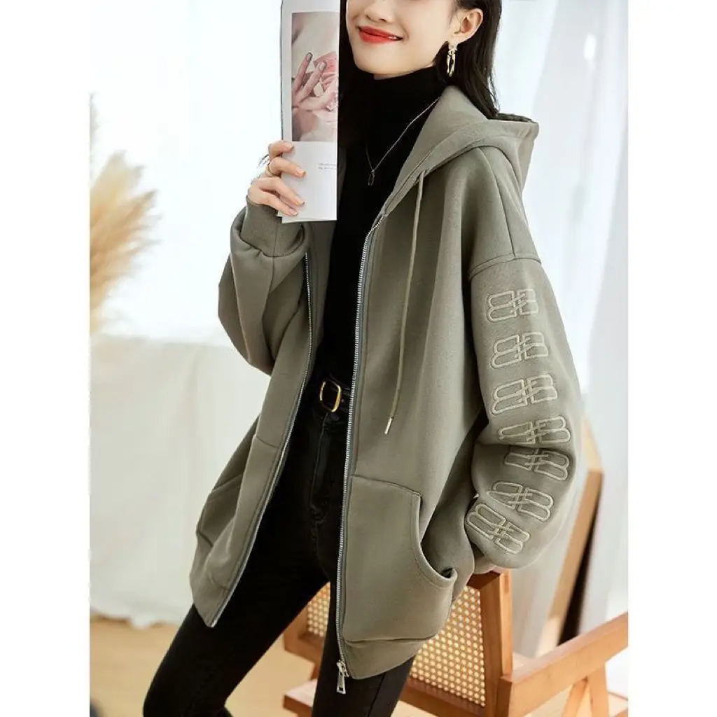 Cardigan Sweatshirt Jacket Women Hooded Jacket Spring Autumn Designer Fashion Casual Loose Embroidery Mid-length Korean Top