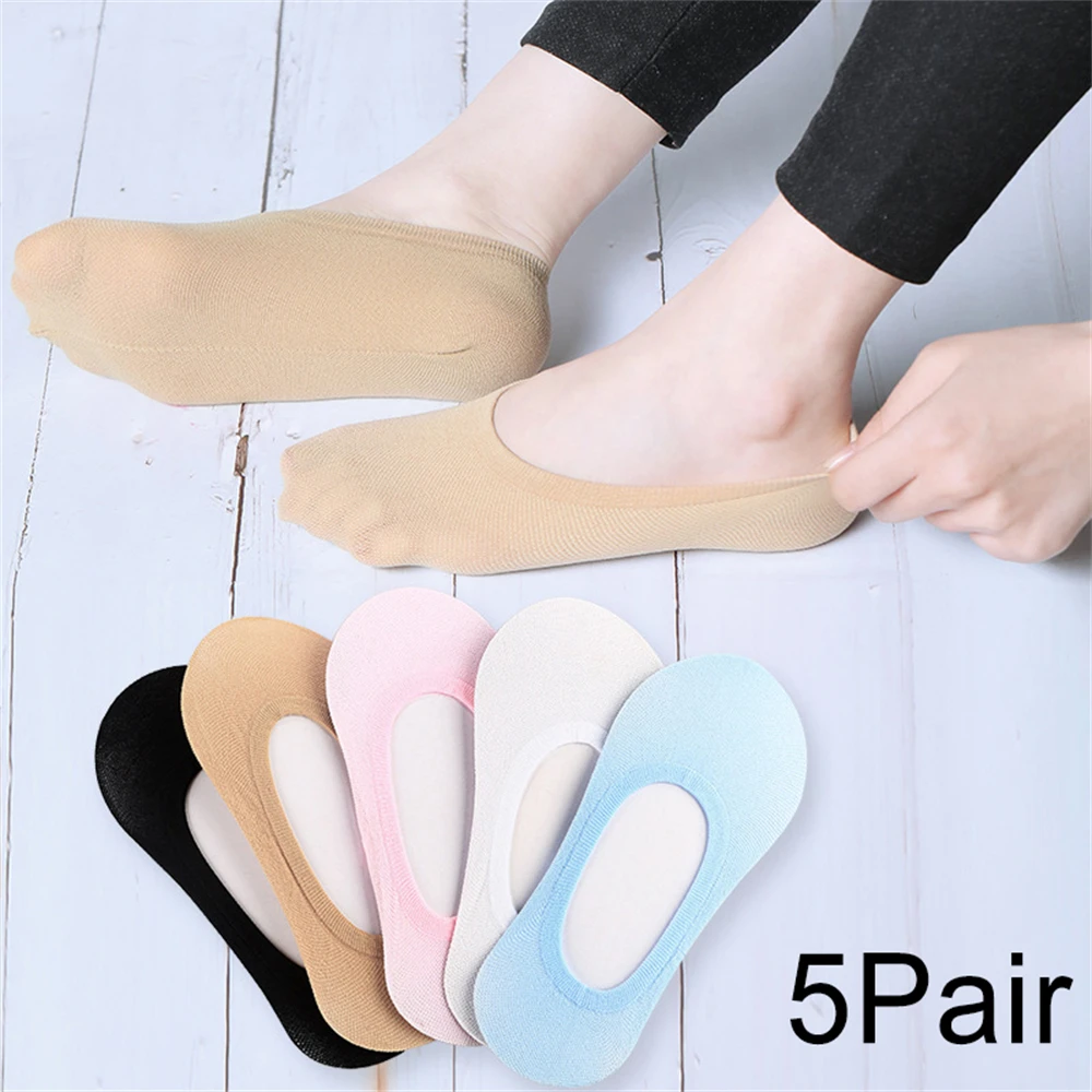 5Pairs Women's Invisible Boat Cotton Socks Set Summer Low Cut No Show Non-slip Slipper Ankle Sox Cute Thin Candy Socks