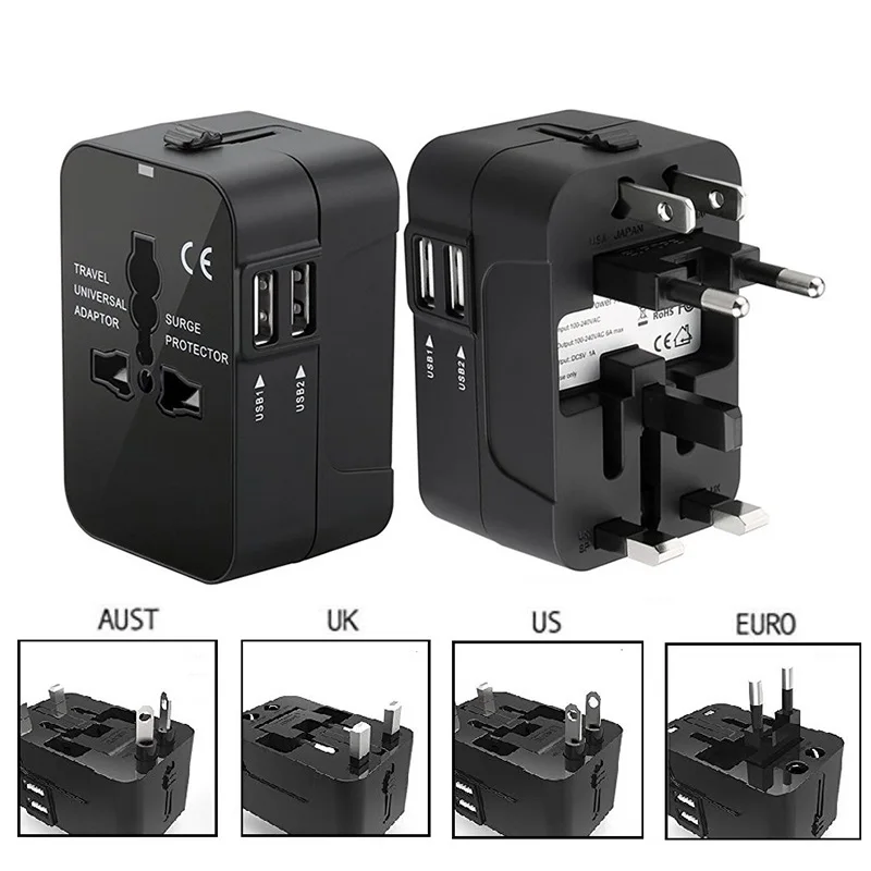 International Travel Adapter Travel Charger with 2 USB Port All-in-one Wall Power Strip for US EU UK AU Socket Plug