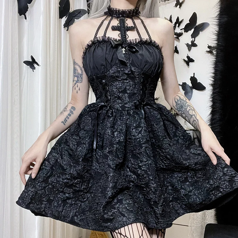 

Women's Dark Goth Mall Gothic Emo Jacquard A-line Dresses, Elegant Grunge Ruched Bandage Party Dress, Black Punk Club Dress