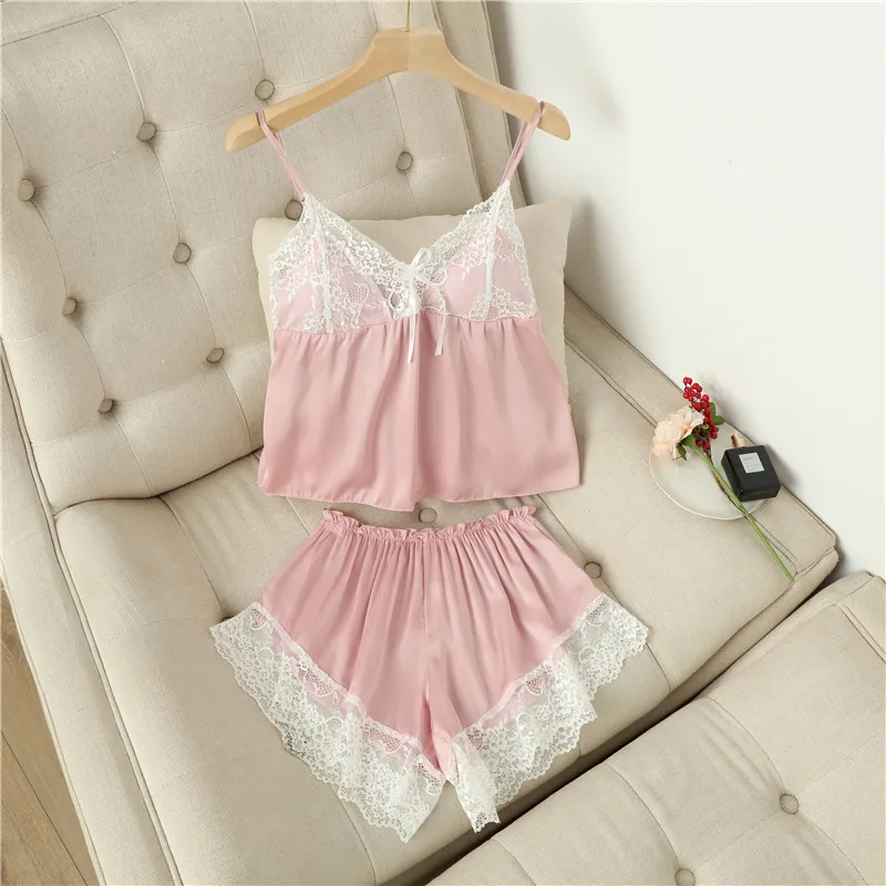 Large Size Pajama Sets Sleepwear Home Suit Spaghetti Strap Lace Sexy Pyjamas Women Loose Cami Top Shorts Pijama Satin Femme 2024