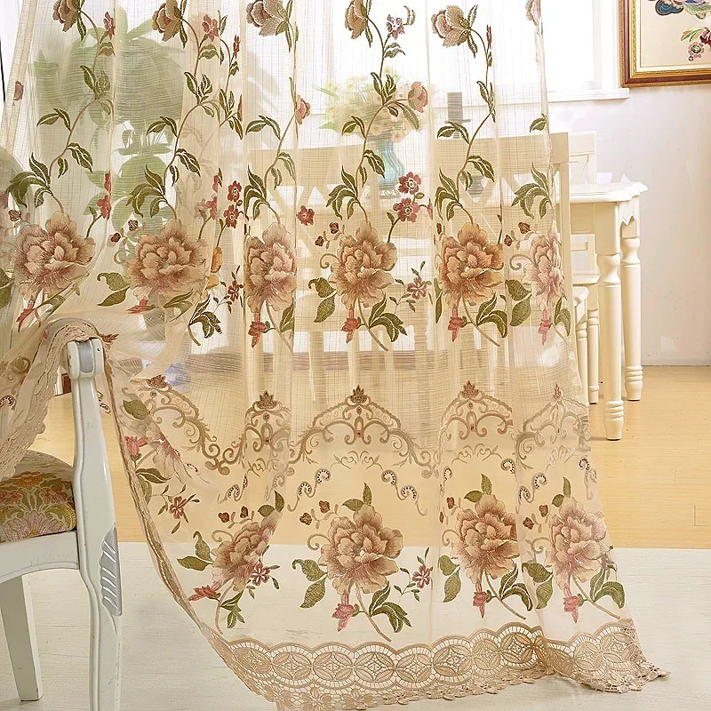 European Style Rice Luxury White Velvet Embroidery Cloth Curtain for Living Dining Room Bedroom Villa High Grade Window Curtains