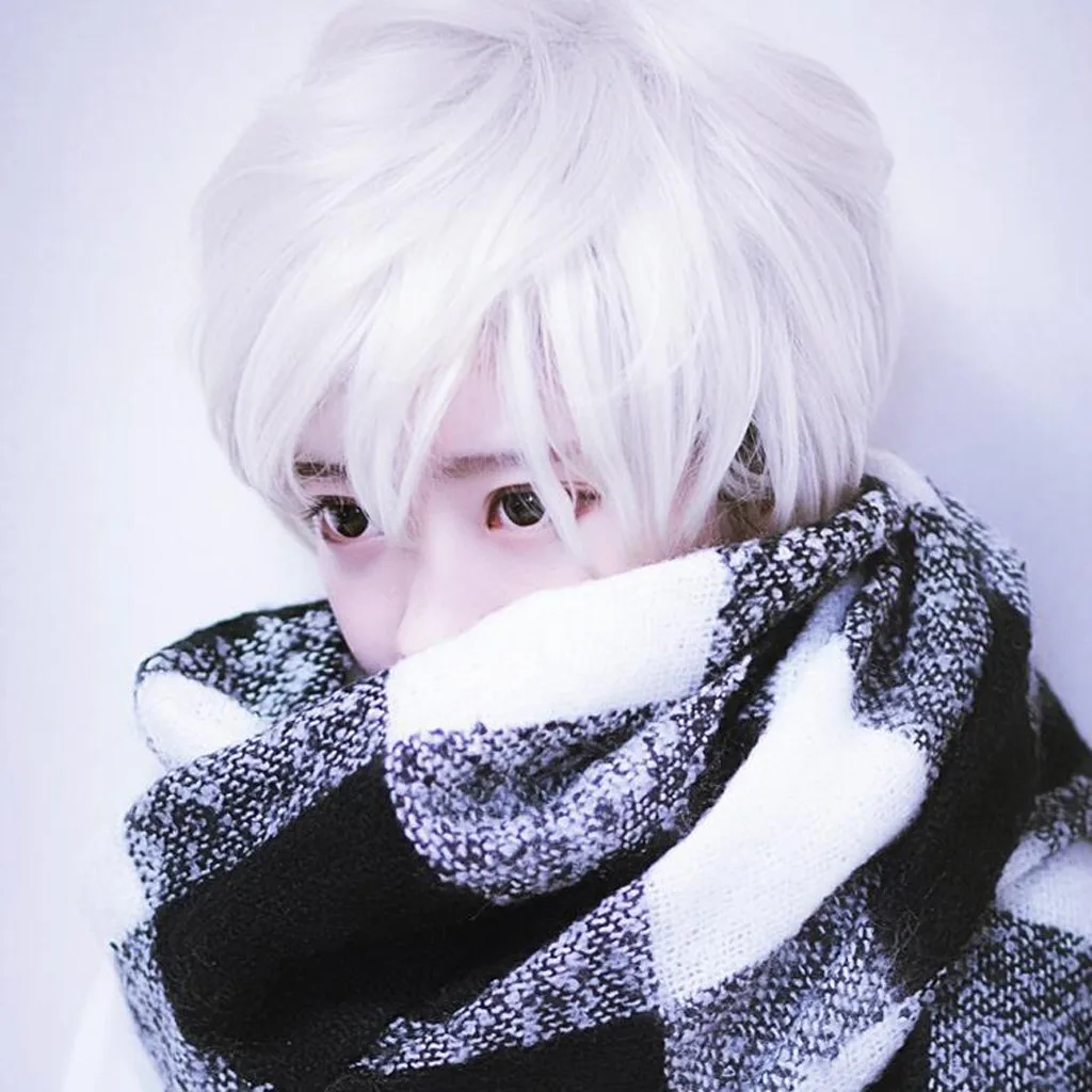 2024 New Men Short Wig Synthetic Straight White Blonde Black Anime Cosplay Heat Resistant Hair Wig for Daily Party Supplies
