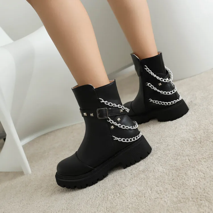

White Ankle Boots Rock Shoes Woman Boots-Women Round Toe Zipper Low Large Size Med Rubber Ladies 2023 Autumn Rome Solid Basic Fa
