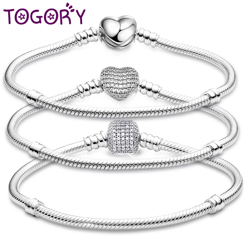 TOGORY Silver Plated Cute Crystal Owl Heart Snake Chain Charm Bracelet For Women Men Brand Bracelets DIY Jewelry Gift Making