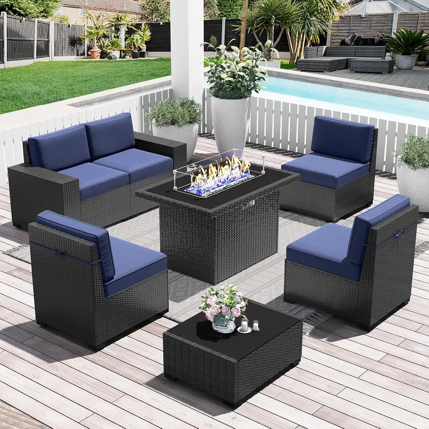 15 Piece Patio Furniture Set with Fire Pit Table, Outdoor Conversation Sets Wicker Rattan Sectional Sofa with Coffee Ta