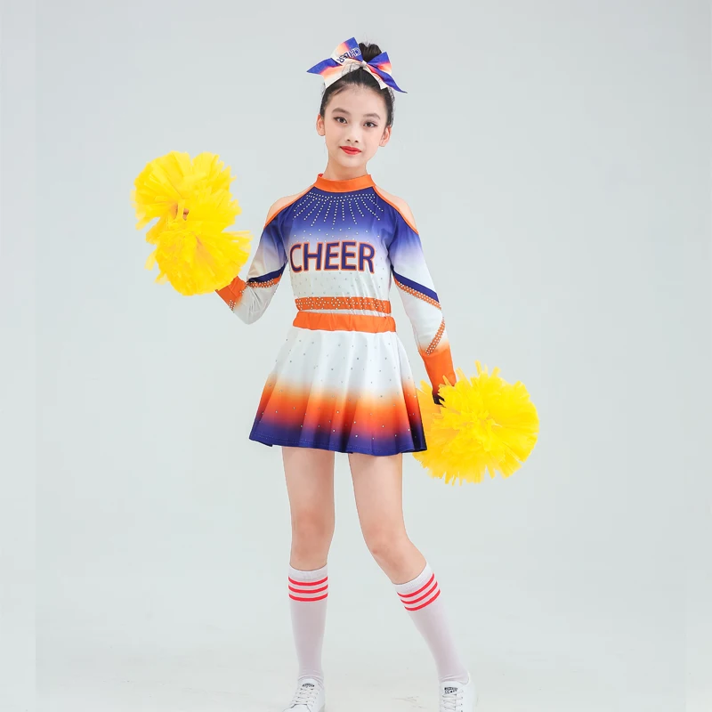 Schoolgirl Boy Cheerleading Costumes With Rhinestones Team Performances Stage Cheer Uniform Women Long Sleeves