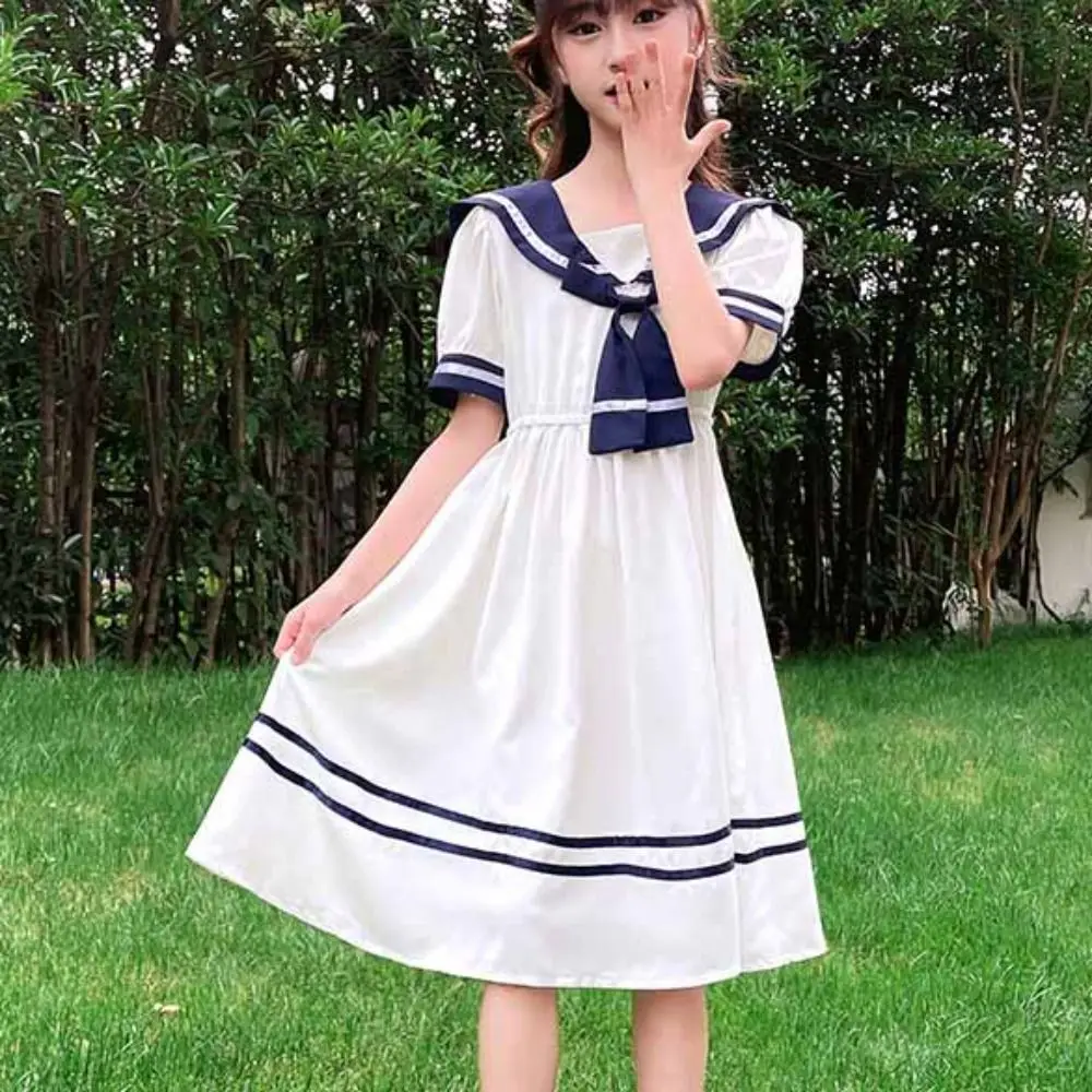 Elegant Bow Girls Preppy Style Dress Teenagers Party Summer Kids Dresses Beach Vacation Pleated Children Princess Dress Students