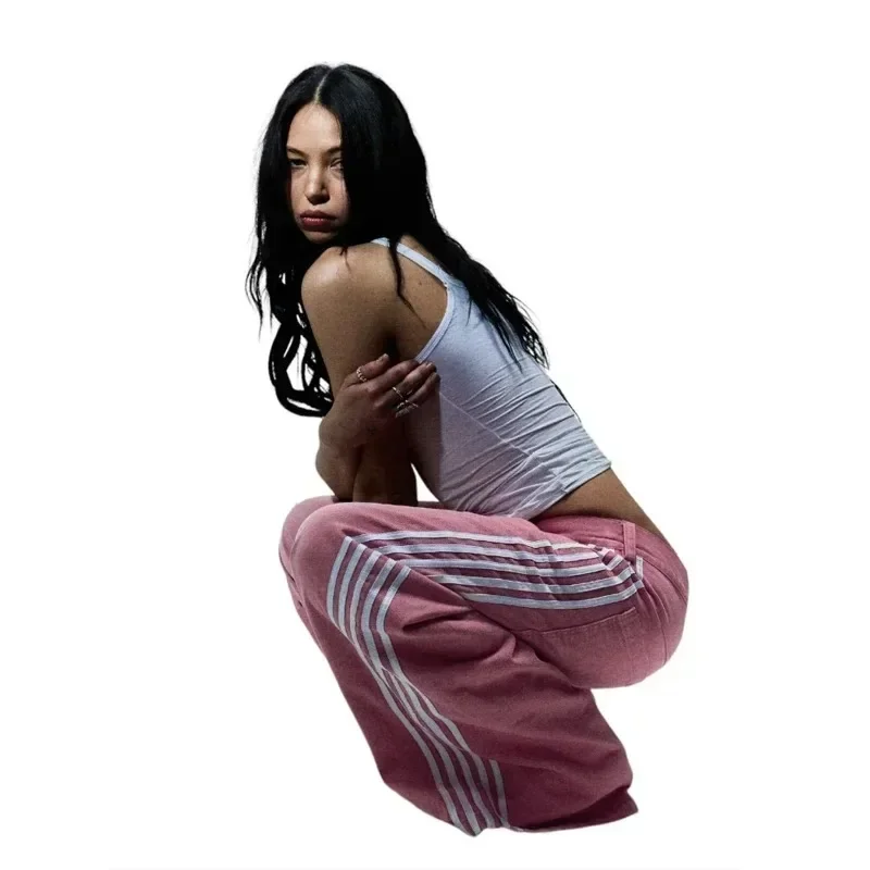 Y2K Women Simple Striped Embroidered Baggy Jeans Pink Sweatpants Hip Hop Streetwear Casual Retro Harajuku Wide Leg Denim Pants 3