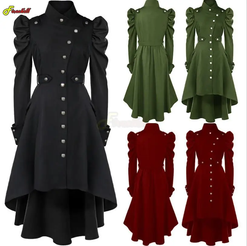 

Women Medieval Victorian Vintage Button Up Dress Puff Sleeves Steampunk Gothic Cosplay Halloween Costume Long Jakcet Coats