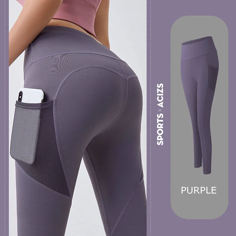 Hip Leggings Ladies High Waist Yoga Pants Long Nylon Fitness Leggings Workout Clothes Mobile Phone Storage Pockets Running