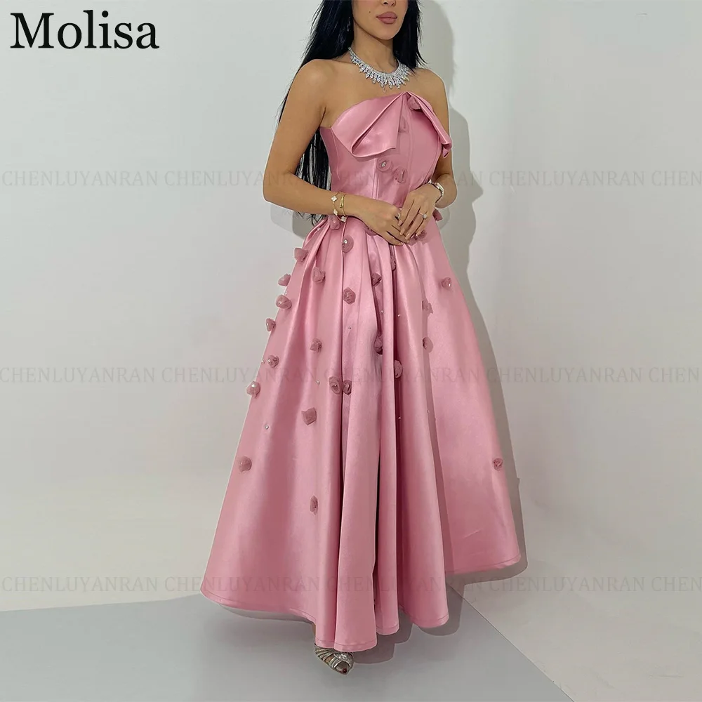 

MOLISA Pink Satin Saudi Arabia Formal Occasion Dresses 2024 A-Line Strapless 3D Applique Prom Dress Evening Gowns فساتين الحفلات