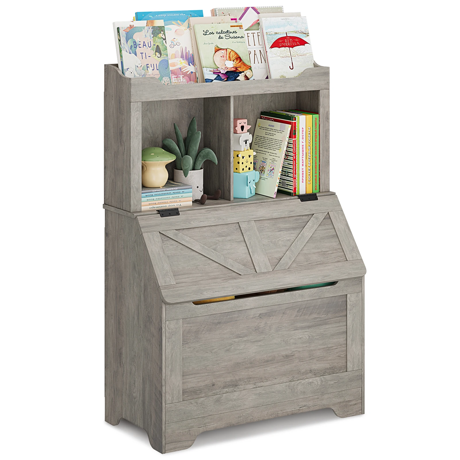 Kinder-Bücherregal aus Holz, Kinder-Bücherregal und Spielzeugaufbewahrung mit Klappdeckel und Tasche, Aufbewahrungsschrank aus Holz für Spielzimmer, Schlafzimmer – Detail 1