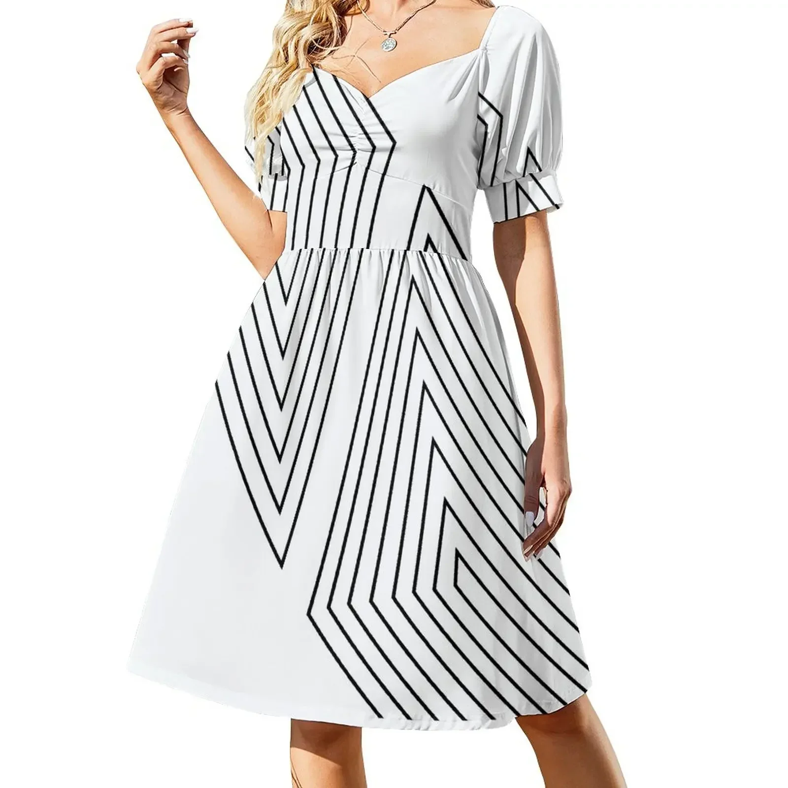 thumbnail image 1 of Vestido de manga corta con líneas geométricas, vestidos de mujer, vestidos de noche, ropa de mujer, 1 of 7