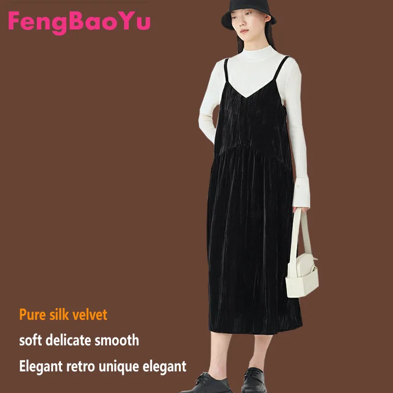 

High-end Silk Velvet Women's Halter Dress Spring Summer Black Sleeveless Dress Large Size 3XL Fat Girl Outdoor Casual Clothing