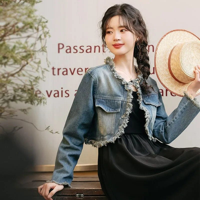 Women Short Denim Jacket 2024 New Spring Female French Style Retro Design Niche Outcoat Round Neck Loose Casual Fashion Outwear