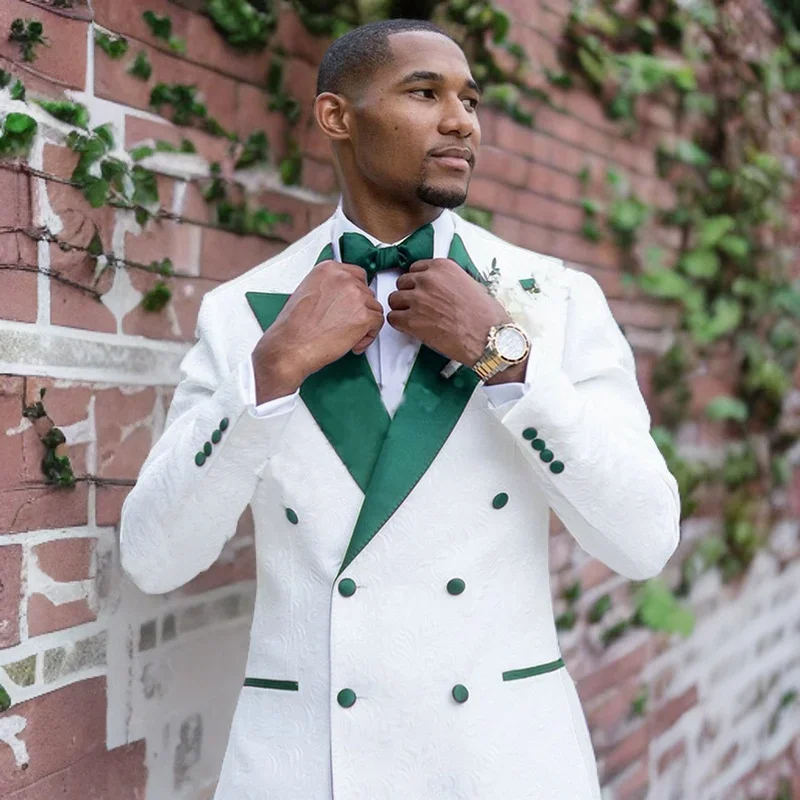 Jacquard Suits for Men Slim Fit Green Satin Lapel Wedding Tuxedo Double Breasted Prom Latest Jacket Pant Designs