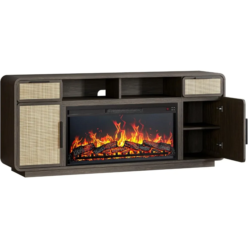 68" TV Stand for TV Up to 75",Boho Entertainment Center with 36" Electric Fireplace Heater with Sound, Rattan Decorated Console 6
