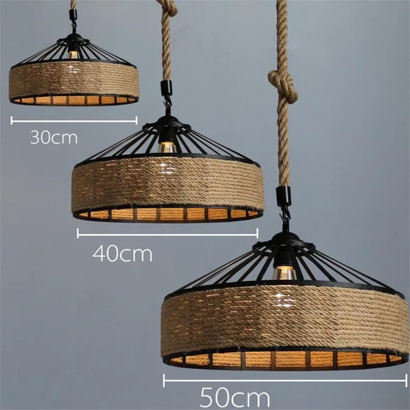 

30/40/50cm Vintage Industrial Hemp Rope Iron Chain Hanging Lamp Bar Restaurant Round Chandelier Decor Night Light (Without Bulb)