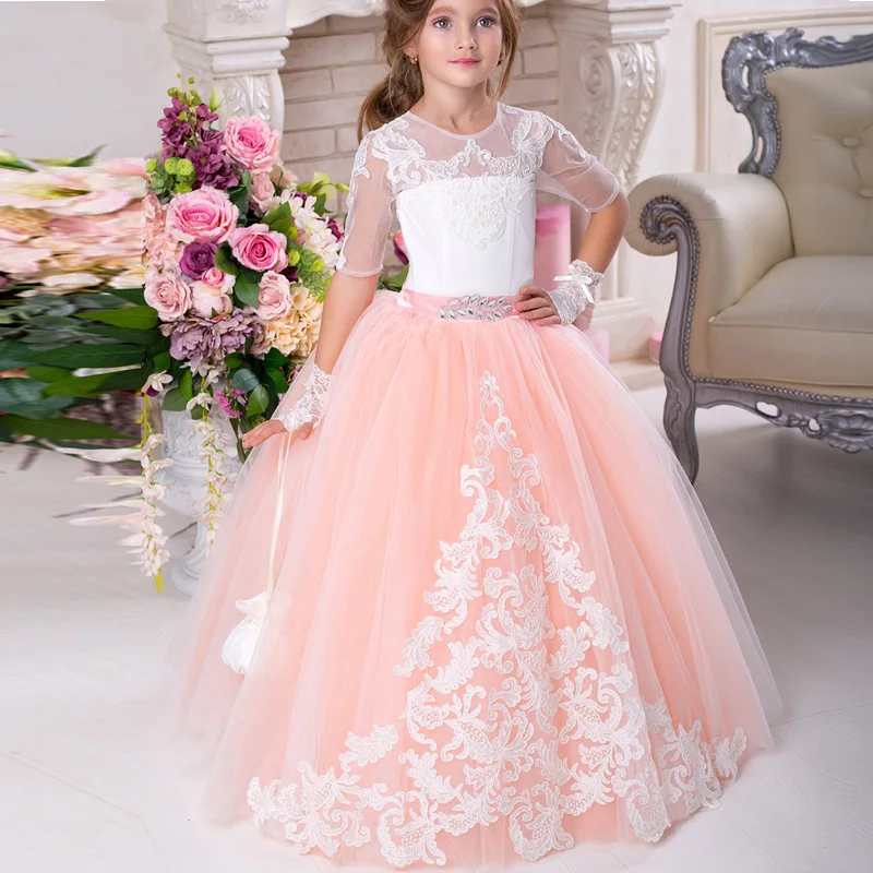 

Elegant Pink Lace Flower Girl Dress For Wedding Tulle Puffy Half Sleeve First Communion Kids Birthday Party Princess Ball Gowns