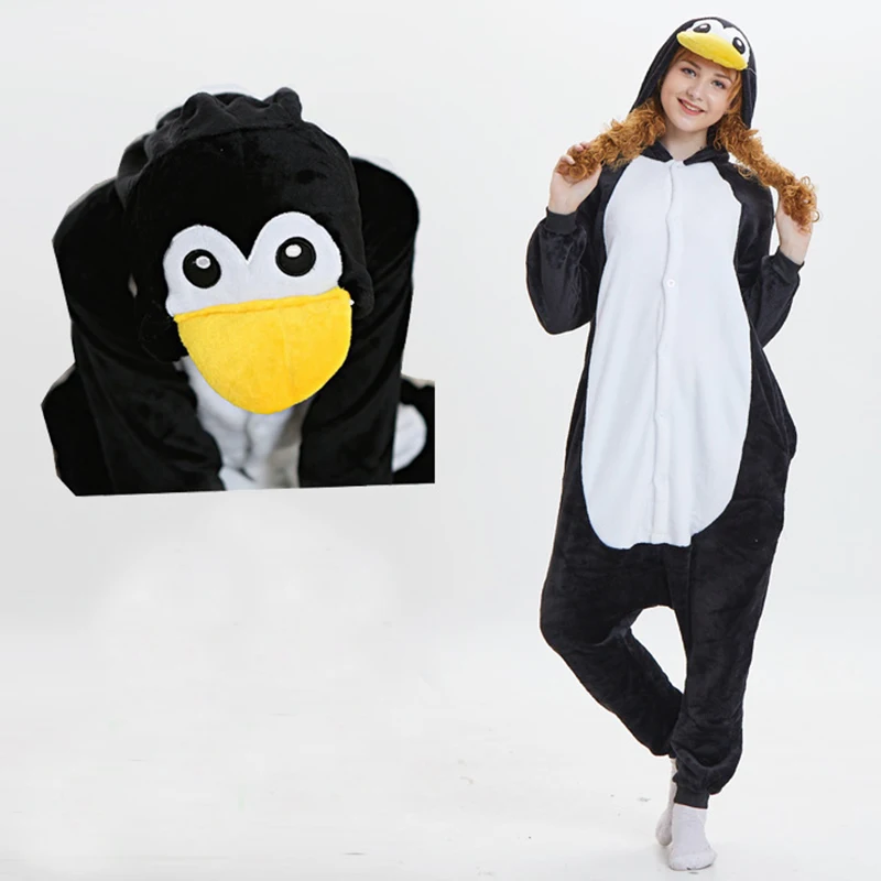 Animal Black Penguin Cosplay Costume Flannel Hooded One Piece Pajamas Set Christmas Anime Adult Kigurumi Women Men Onesie Pyjama