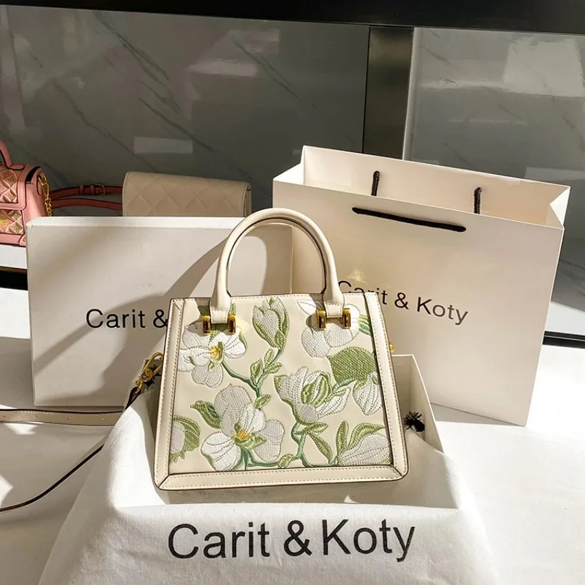 New Trendy Textured Leather Embroidered Floral Square Bag Women's Fashion Handbag Lady Purse Female Shoulder Messenger Bag