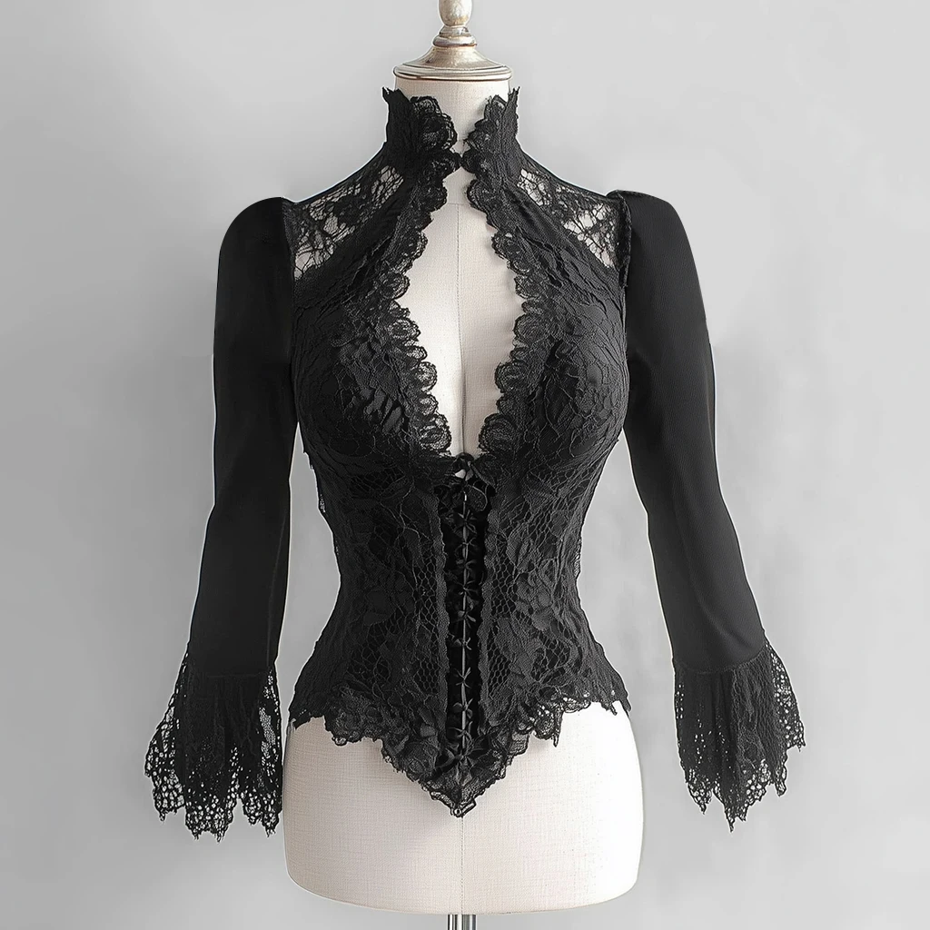 Women's Lace Trim Blouse Tops Stand Collar Hollow Out Asymmetric Hem Flare Sleeve Sexy V-neck Gothic Punk Retro Slim Blouse Top S41f25326be984b4f8adfc54d605116eb8