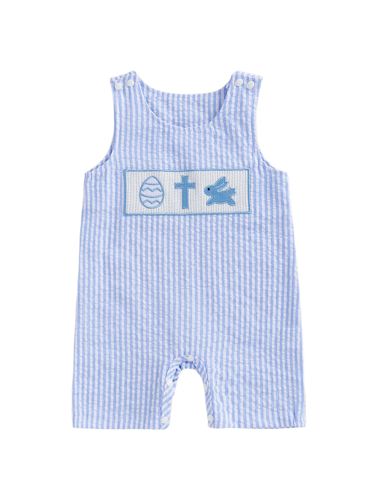 Easter Bunny Baby Boy Romper Overalls with Egg and Cross Embroidery Sleeveless Round Neck Jumpsuit in Striped Design