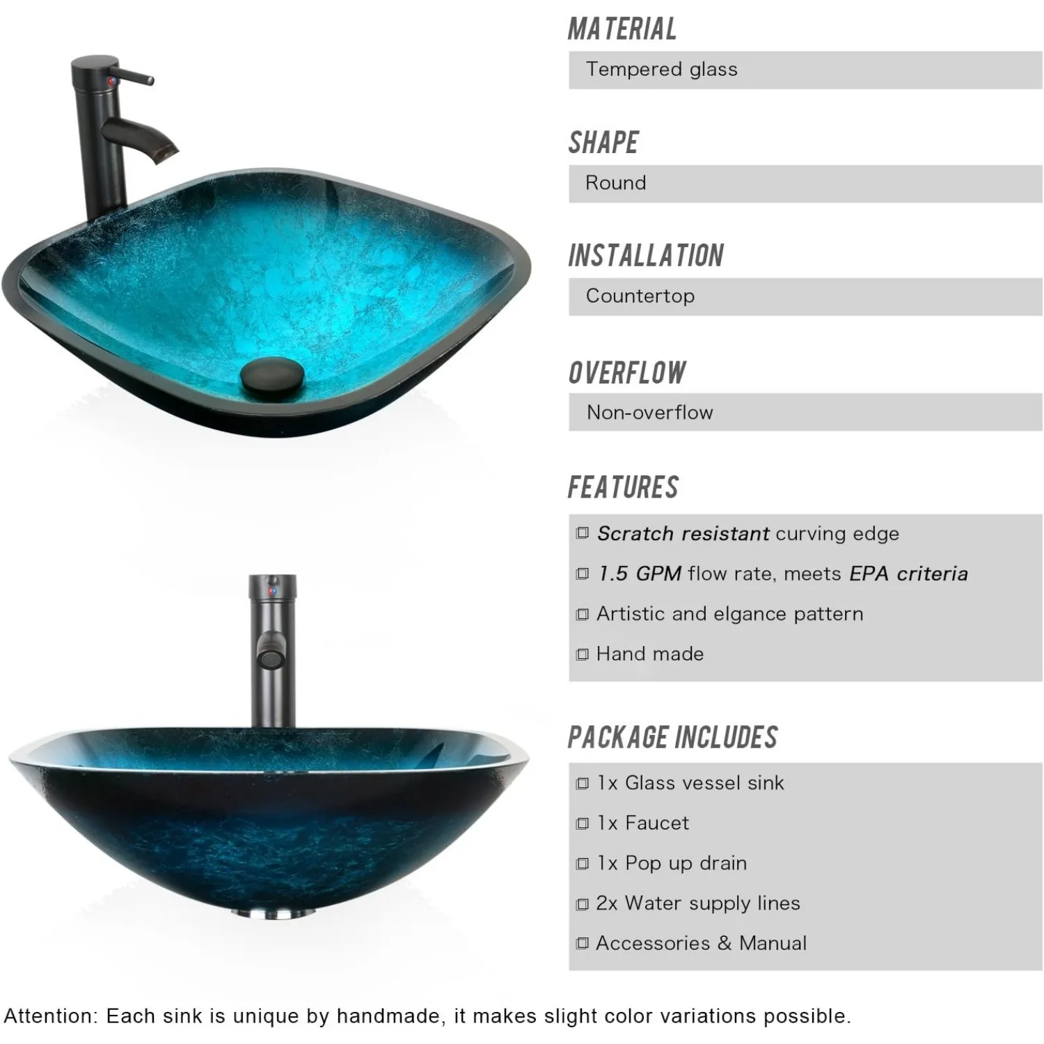 16.5" Bathroom Vessel Sink Single Turquoise Square Tempered Glass Basin Countertop Bowl Sink, W/Water Save Faucet Pop Up Drain 4