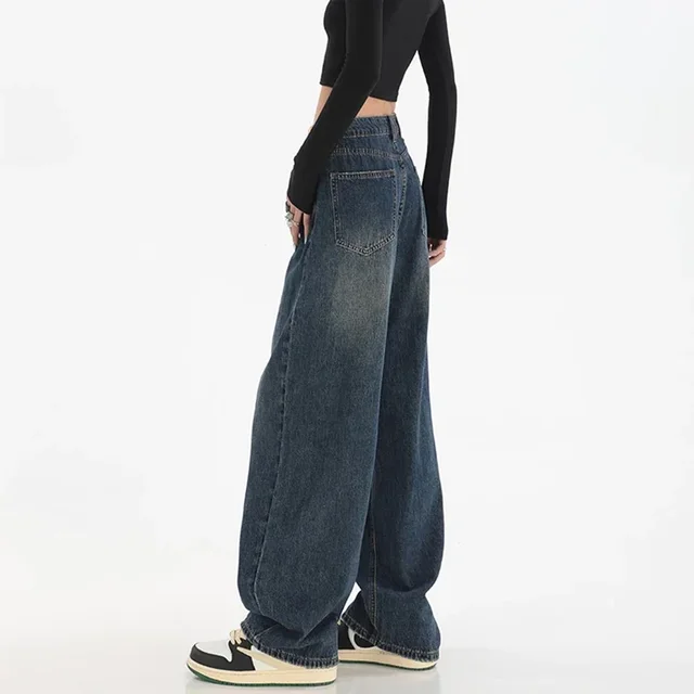 Femme taille haute coupe ajustée jambe large jean femme haute rue Y2k 2000s pantalons décontractés dame mode noir bleu pantalon en Denim ample 2