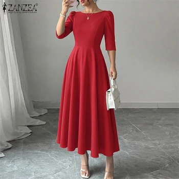 2026 Elegant Party Dress ZANZEA Women Stylish Half Sleeve A Line Dress Sundres Spring Office OL Dresses Solid Pleated Midi Robe 1