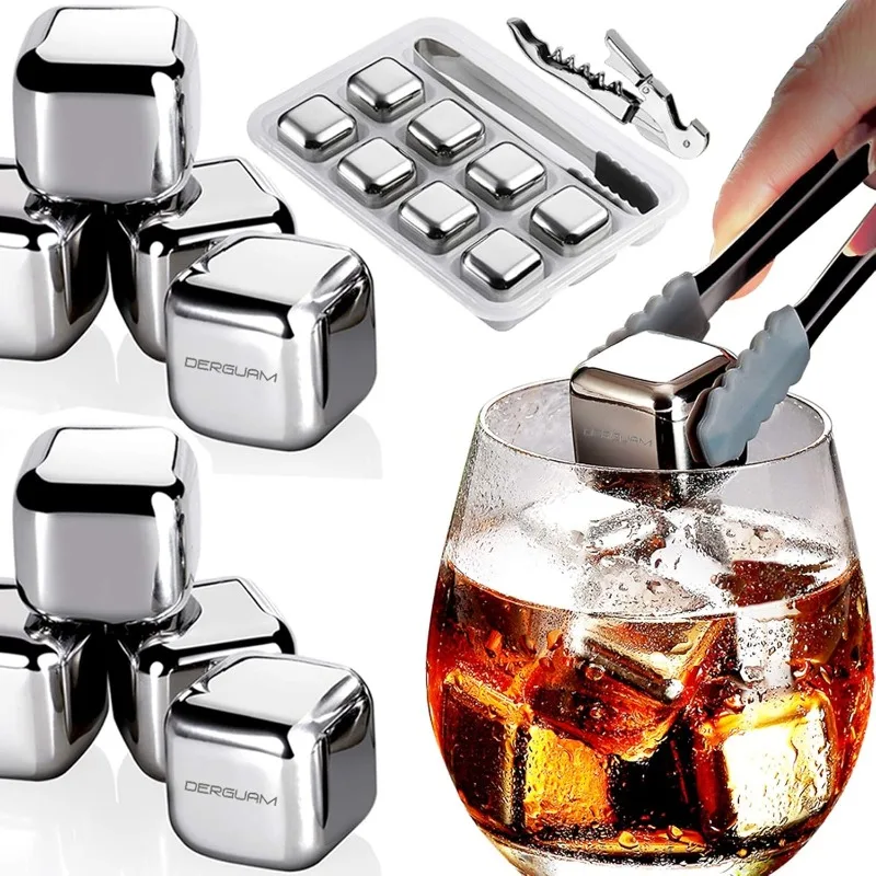 304 Food Stainless Steel Ice Cubes Set Reusable Chilling Stones for Whiskey Wine Cooling Cube Rock with Tongs Party Bar Tools