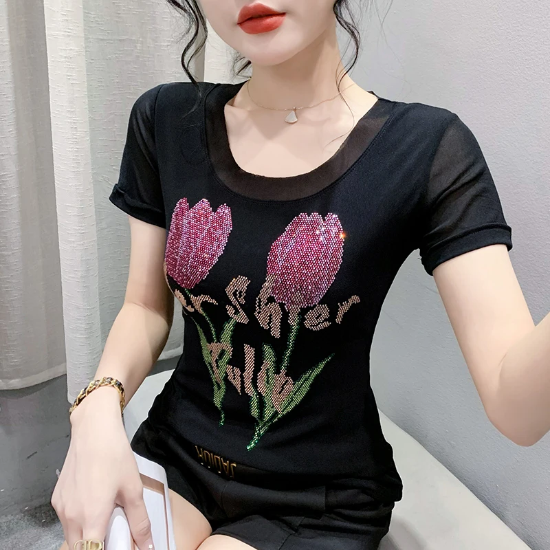 

Черная летняя Сетчатая футболка в Корейском стиле, женские шикарные сексуальные блестящие топы с цветами и стразами, футболки ручной работы с коротким рукавом, новинка 2024, 432710